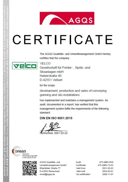 Velco DIN ISO 9001 Certificate