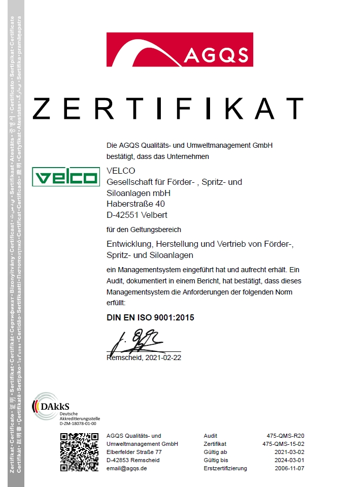 Velco DIN ISO 9001 Zertifikat